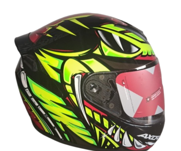 Stylish Neon Green Racing Helmet Neon green full face bike helmet with black graphics and red visor